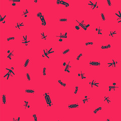 Set Longboard or skateboard, Vintage sport racing car, Bungee jumping and Paintball gun on seamless pattern. Vector.