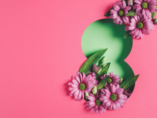 Women's day layout with number 8, pink gerbera flowers and green leaves on two tone background. Creative March 8th or birthday concept with copy space for text. Flat lay, top view.