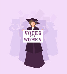 A suffragette woman in a coat and a hat leads the crowd with a "Rights for Women" poster from the 1920s. The ribbon is white, green and purple. Solidarity and strength. Vector flat illustration.