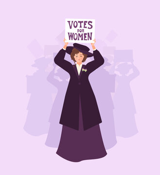 A Suffragette Woman In A Coat And A Hat Leads The Crowd With A 