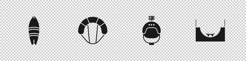 Set Surfboard, Parachute, Helmet and action camera and Skate park icon. Vector.