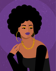 Young beautiful dark-skinned woman with a magnificent afro hairstyle. Large hoop earrings and gold chain around the neck. Very cute, playful, danceable and flirty. Vector flat illustration.