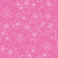 Vector pastel pink seamless background white blossoming cherry flower sakura. White contour lines and strokes. Seamless pattern background