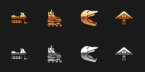 Set Snowmobile, Roller skate, Motocross motorcycle helmet and Hang glider icon. Vector.