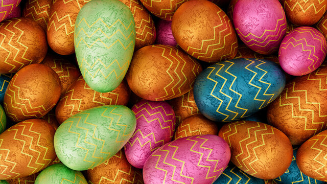Multicolored, foil wrapped Easter Egg background. Beautiful Easter Wallpaper with, patterned Pink, Green and Orange Eggs. 3D Render 