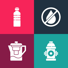Set pop art Fire hydrant, Water jug with filter, drop forbidden and Bottle of water icon. Vector.