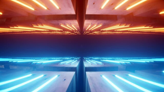 Neon Blue and Red Sci Fi Futuristic Corridor. Triangle Laser Electric Tunnel Underground. Bright live neon background. Room. 3D 4k loop Animation