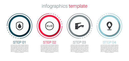 Set Waterproof, Chemical formula for H2O, tap and drop with location. Business infographic template. Vector.