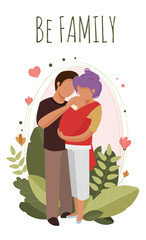 Man and woman hugging a sleeping baby in a sling.