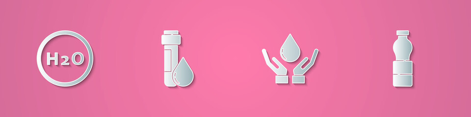 Set paper cut Chemical formula for H2O, Test tube with water drop, Washing hands soap and Bottle of icon. Paper art style. Vector.
