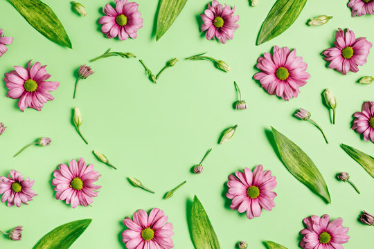 Pink gerbera flowers and leaves forming heart shape on contrast pastel green background. Minimal spring bloom concept with copy space for text. Floral arrangement for women's day or wedding. Flat lay.
