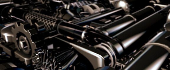 Industrial machinery made from pipes and gears in a science fiction style 3d render