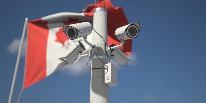 Flag Of Canada And Four Security Cameras, 3d Rendering