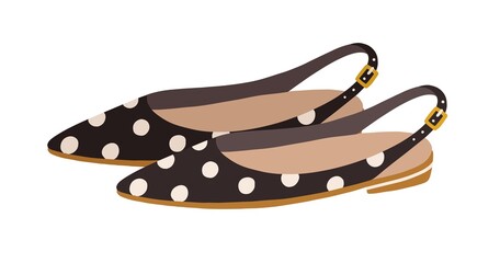 Elegant women's sandals with closed pointed toe and buckled ankle straps. Summer fashion footwear or shoes with polka dot pattern. Colored flat vector illustration isolated on white background