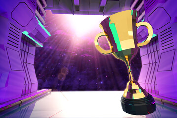 Trophy for winning a e-sports game floats on the air in spaceship with background light explosions in the galexy space.3d rendering.