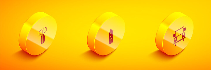 Set Isometric Scissors, Stationery knife and School Bus icon. Vector.