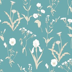 Wild white flowers on a turquoise background. Vintage wind pattern for fabric with irises, petunias, dandelions and other plants.