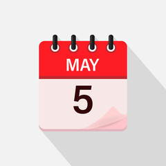 May 5, Calendar icon with shadow. Day, month. Flat vector illustration.
