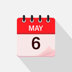 May 6, Calendar icon with shadow. Day, month. Flat vector illustration.