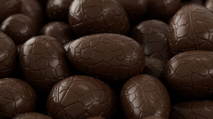 Chocolate Easter Egg background. Easter Wallpaper showing a collection of Chocolate Eggs. 3D Render 