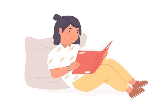 Smiling little girl sitting with open book or textbook. Kid reading children's literature at home. Smart child learning. Colored flat cartoon vector illustration isolated on white background