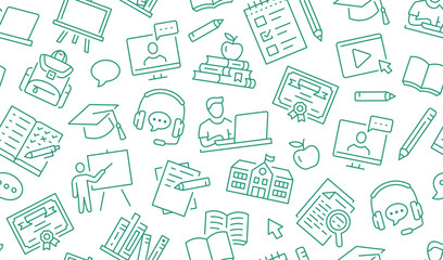 Online education green color seamless pattern. Vector background included line icons as laptop, backpack, student, study outline pictogram for school, colledge, university trainig. Editable Stroke