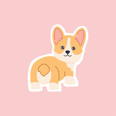 Kawaii breed corgi standing sticker, funny little dog, cute face and short tail. Friendly puppy character. Hand drawn trendy modern illustration in flat cartoon style, isolated on pink background