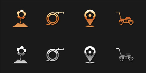 Set Flower, Garden hose or fire hose, Location with flower and Lawn mower icon. Vector.