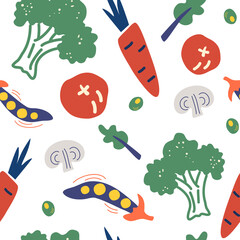 Seamless pattern with hand drawn vegetables. Vegetarian healthy food vector texture. Vegan, farm, organic, detox. Vegan repeating background on neutral white.