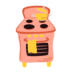 Bright-colored gas stove with saucepan. Preparing food and boiling water in on kitchen gas stoves. Cooking on fire vector set.