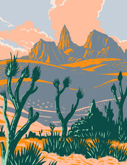 Castle Mountains National Monument gelegen in de Mojave-woestijn en San Bernardino County California WPA Poster Art