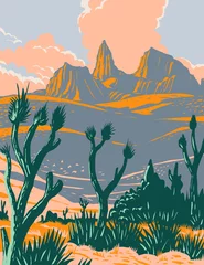 Foto auf Acrylglas Orange Castle Mountains National Monument in der Mojave-Wüste und San Bernardino County California WPA Poster Art