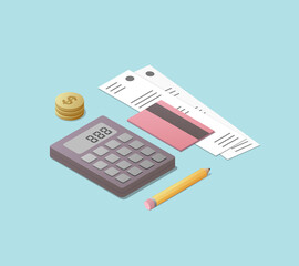 Home finance and business concept. Paying taxes. Colored isometric vector illustration. 