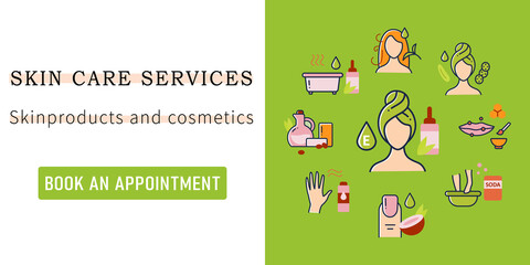 DIY natural skincare web banner.Skin care services-facial masks, hair care, lip care, essential oil bath.Template for landing, web page,layout.Facial beauty treatment website interface idea with icons