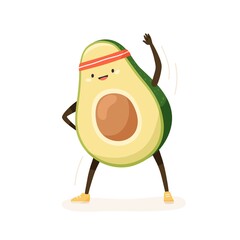 Cute and funny avocado doing fitness or sports exercises. Happy comic fruit in retro sweatband working out. Colored flat cartoon vector illustration of childish character isolated on white background
