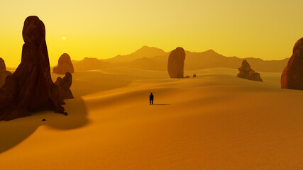 Fototapeta na wymiar lonely man in the dry sunset desert