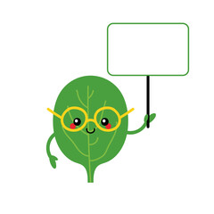 Cute cartoon style smiling green spinach leaf character holding empty, blank sign, banner in hand.

