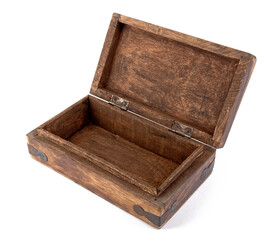 Retro Wooden Box (casket) with metal parts on white.