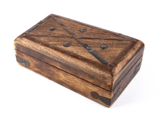 Retro Wooden Box (casket) with metal parts on white.
