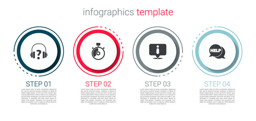 Set Headphones, Stopwatch, Information and Speech bubble with text Help. Business infographic template. Vector.