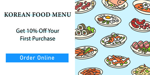 Korean food web banner. Set of traditional korean dishes template for landing, web page, layout.Eastern meal, meat, vegetables,sauces. Asian food and korean cuisine website interface idea with icons