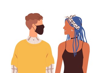 Romantic love couple of young man in face mask and woman standing together and looking at each other. Heterosexual partners. Flat vector illustration of boyfriend and girlfriend isolated on white
