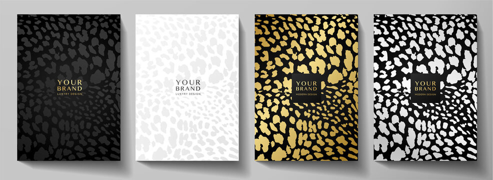 Fashionable abstract cover design set. Luxury black, gold, silver background with leopard pattern (animal print). Premium vector collection for brochure, notebook template, menu