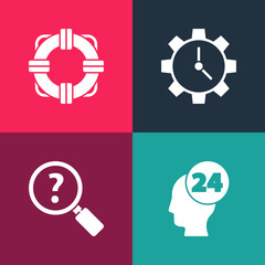 Set pop art Support operator in touch, Unknown search, Time Management and Lifebuoy icon. Vector.