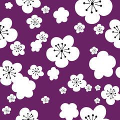 Vector purple background white cherry flowers sakura, 60ies 70ies vintage hippy flowers, seamless pattern background