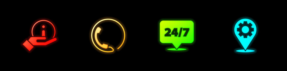 Set Information, Telephone 24 hours support, Clock and Location with gear icon. Vector.