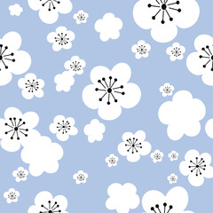 Vector pastel blue background white cherry flowers sakura, 60ies 70ies vintage hippy flowers, seamless pattern background
