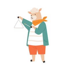 Cute lamb playing triangle. Funny animal musician performing music. Funny baby character with musical instrument. Colored flat vector illustration isolated on white background