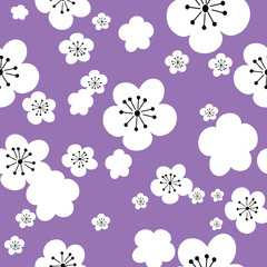 Vector pastel purple white cherry flowers sakura, 60ies 70ies vintage hippy flowers, seamless pattern background