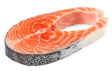 slice of raw fish, salmon, trout, steak, isolated on white background, clipping path, full depth of field